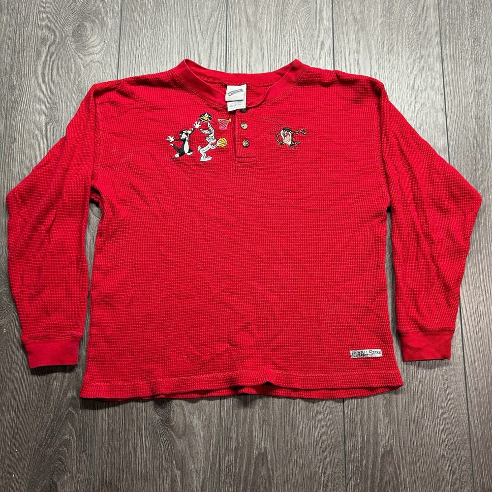 Vintage Warner Bros Looney Tunes Basketball Waffle Henley Red Kids XL 14/16